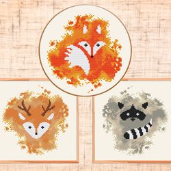 set of 3 woodland animals cross stitch pattern, baby cross stitch pdf nursery cross stitch deer, fox, raccoon