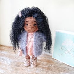 Crochet dark skin doll in clothes, best gift for baby