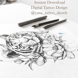 Tiger Tattoo Design For Females Tiger Tattoo Sketch Tiger And Flower Tattoo Design, Instant download PNG and JPG files