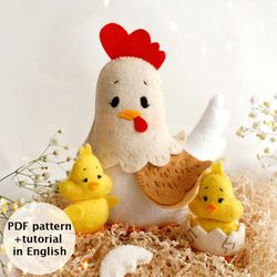 Easter felt chicken with chicks sewing PDF pattern, Felt Easter chicken tutorial