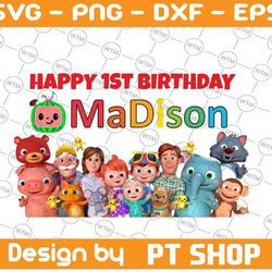 cocomelon personalized name and ages ,happy 1st birthday cocomelon family png, coco melon png, cocomelon printable cocom