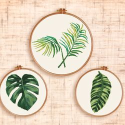 set of three plants cross stitch pattern pdf modern cross stitch monstera leaf cross stitch