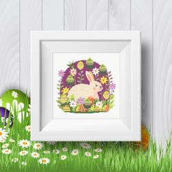 easter bunny with flowers in the garden cross stitch digital printable pdf, cross stitch chart for home decor and gift