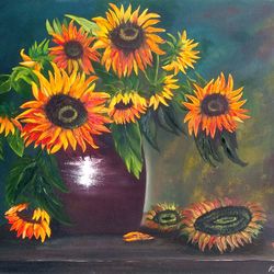 yellow sunflowers painting still life with flowers painting 27*35 inches yellow sunflowers in a vase art flower oil pain