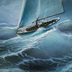 seascape with yacht oil on canvas painting 50cmx30cm