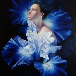 flower fairy portrait oil on canvas painting 26x35 in