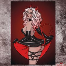 gothic pin-up art print with a succubus. gothic home decor. dark fantasy poster. dark art wall decor. spooky room decor