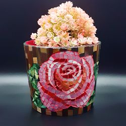 Stained Glass Mosaic Flowerpot, Stained Glass Rose Flower, Stained Glass Vase, Rose Flower Mosaic Vase, Garden Decor