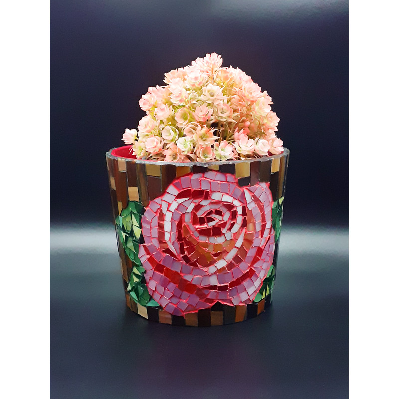 Stained Glass Mosaic Flowerpot Stained Glass Rose Flower Stained Glass Vase Rose Flower Mosaic Vase Garden Decor 0