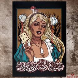 Gothic horror art print with Creepy Alice in Wonderland. Gothic home decor. Dark fantasy poster. Dark art wall decor.