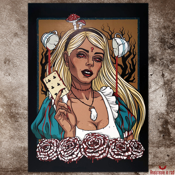 Gothic horror art print with Creepy Alice in Wonderland by Anastasia in red