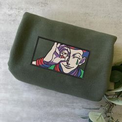 hisoka embroidered crewneck, hunter x hunter embroidered sweatshirt, inspired embroidered manga anime hoodie