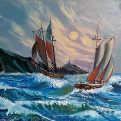 Seascape Sea Waves Art 15*19 inch Nautical oil painting Ship at sea painting