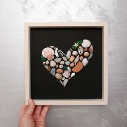 sea glass heart, shells, pebbles. seashell art. frame. shadow box. shell wall art.