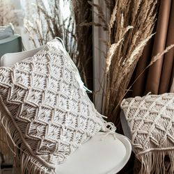Macrame pattern cushion with fringes, video tutorial and PDF instuction, pillow macrame DIY,  instruction step by step