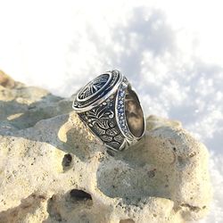 men's sterling silver ring jewelery for men ring with blue stones original ring oxidated silver cool ring round ring