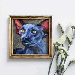 Black Oriental Cat Painting Original Pet Portrait Artwork Oil On Panel Framed Animal Art