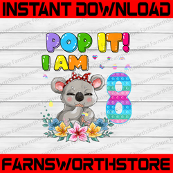 pop it i'm 8 koala png, i'm 8 years old 8th birthday koala pop it png, popper toy, 8th birthday png, happy birthday gift