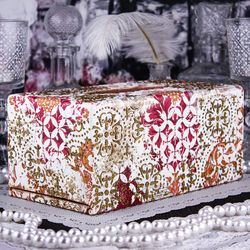 Red Damask and Golden Glitter Pattern with White Circle Mosaic Mixed Media Collage Rectangular Tissue Box Cover