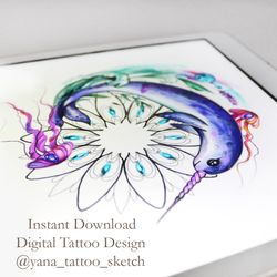 Narwhal Tattoo Design Whale Tattoo Design Whale Tattoo Sketch Narwhal Tattoo Idea, Instant download PDF, JPG, PNG