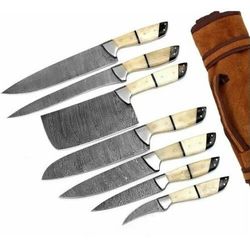 7 pcs handmade handforged chef knife set damascus steel kitchen knives set damascus knife, camping knife, hunting knife,