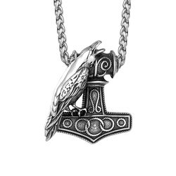 Thor hammer necklace with raven, Stainless steel nordic jewelry
