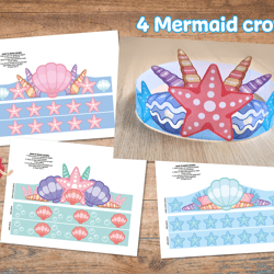 Printable mermaid crowns, Mermaid crowns kids, Mermaid crown, Mermaid party, Mermaid birthday, Princess party, Mermaid
