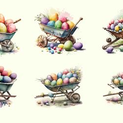 06 Files Of Easter Wheelbarrows PNG Easter Eggs Watercolor Design Bundle