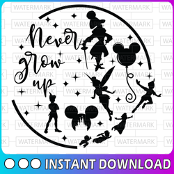round peter pan never grow up disney svg, disney mickey and minnie svg,quotes files, svg file, disney png file, cricut,