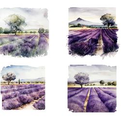 04 Files Of Lavender Field Sublimation Lavender Landscape Clipart Watercolor Bundle