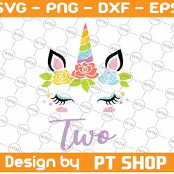 2nd birthday svg, unicorn birthday svg, two years old cut file, unicorn party svg, 2nd birthday girl svg, second birthda