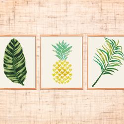 Set of three Tropical cross stitch pattern Modern cross stitch PDF Pineapple cross stitch Tropical leaves