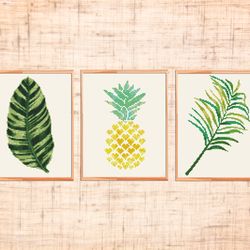 set of three tropical cross stitch pattern modern cross stitch pdf pineapple cross stitch tropical leaves