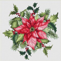 pdf flower cross stitch pattern, poinsettia flower scheme for embroidery, nature, small cross stitch, digital pdf