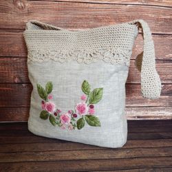 Cottagecore linen bag with embroidered flowers White linen bag Women's handbag Shoulder Bag Croched Boho bag