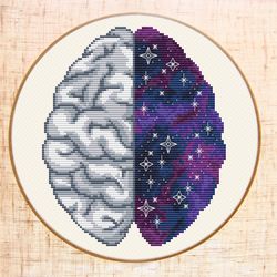 space brain cross stitch pattern modern cross stitch galaxy anatomical cross stitch night sky embroidery