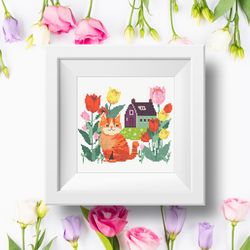 Cute ginger fat Cat in the spring tulip garden cross stitch digital printable A4 PDF pattern for home decor and gift