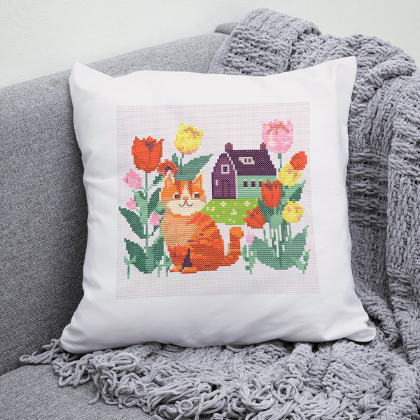 9 Cat in the spring tulips garden cross stitch pattern  .jpg