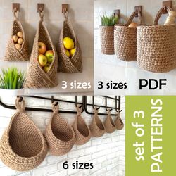 Crochet pattern Hanging wall baskets Vegetable baskets tutorial Set of 3 patterns