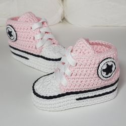 Soft baby crochet pink booties for girl, shoes baby girl gift, cute crochet sneakers, baby autumn booty