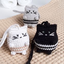 Crochet cat, car rear view mirror accessory, charm hanging decor cat lover best friend gift, keychain black cat