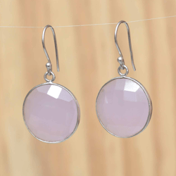 rose quartz silver drop dangle earrings for women, round gemstone and 925 sterling silver handmade unique jewelry