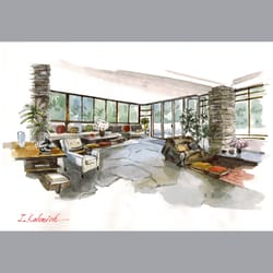 interior of house over the waterfall, designed by american architect frank lloyd wright. watercolor, ink 8,2x11.7''