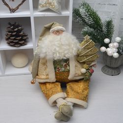 Santa Tilda in Gold Christmas Decor Doll Christmas Gift Handmade Santa collectible doll Santa with Christmas Tree
