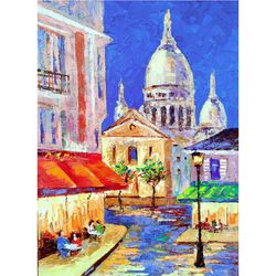 Paris Painting France Cityscape Original Artwork Montmartre Cafe Original Oil Painting on Canvas by 16x12 inch