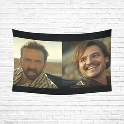 Nicolas Cage Looking At Pedro Pascal Meme Wall Tapestry, Cotton Linen Wall Hanging
