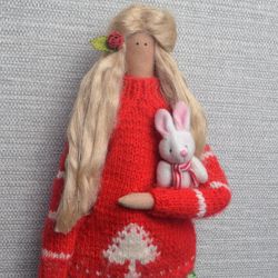 Tilda Doll With Bunny Handmade doll Winter Tilda Doll As a Gift Doll For Girlfriend Rag Doll Doll for Valentine Day