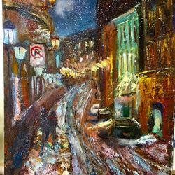 evening city lights original oil painting on board art wall winter cityscape
