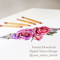 Roses Tattoo Design For Females Roses Tattoo Sketch Roses And Ornamental Tattoo Design, Instant download PNG and JPG