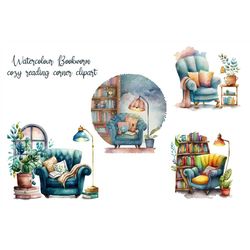 watercolour bookworm cozy reading corner clipart